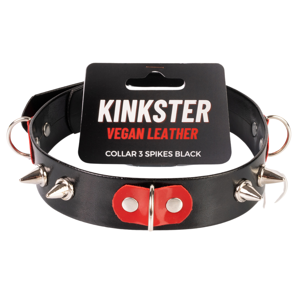Kinkster - Veganistisch leer - Handgemaakt - Halsband 3 spikes - Zwart