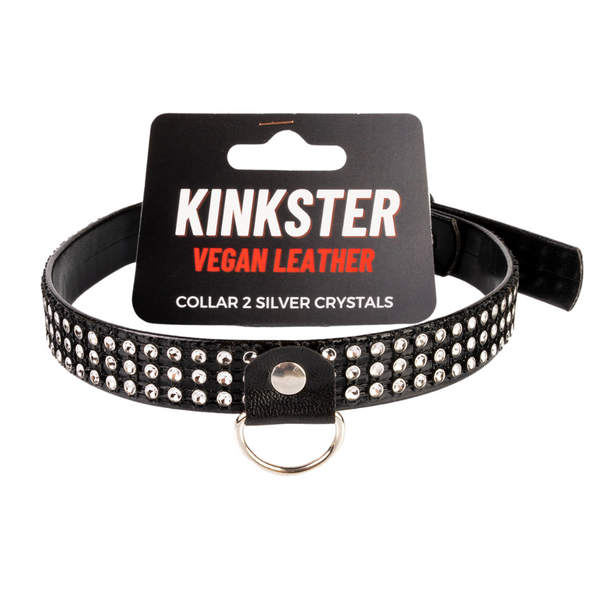 Kinkster - Veganistisch leer - Handgemaakt - Halsband 2 zilveren kristallen
