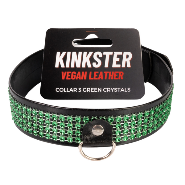 Kinkster - Veganistisch leer - Handgemaakt - Halsband 3 groene kristallen