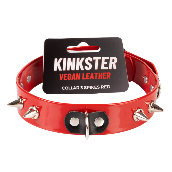 Kinkster - Veganistisch leer - Handgemaakt - Halsband 3 spikes rood