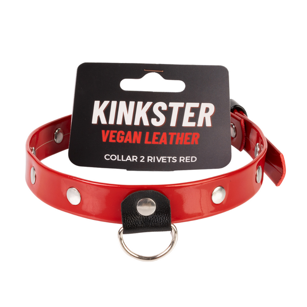 Kinkster - Veganistisch leer - Handgemaakt - Halsband 2 spikes rood