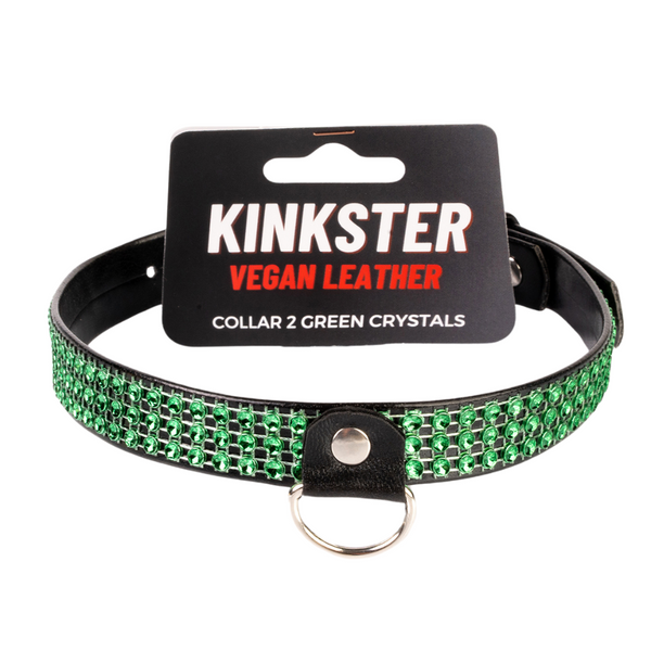 Kinkster - Veganistisch leer - Handgemaakt - Halsband 2 groene kristallen