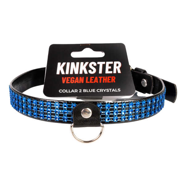 Kinkster - Veganistisch leer - Handgemaakt - Halsband 2 blauwe kristallen