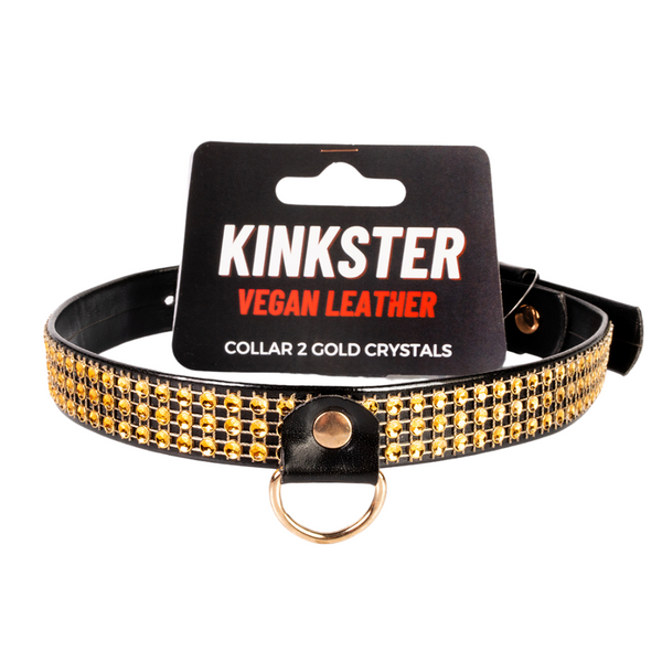 Kinkster - Veganistisch leer - Handgemaakt - Halsband 2 gouden kristallen