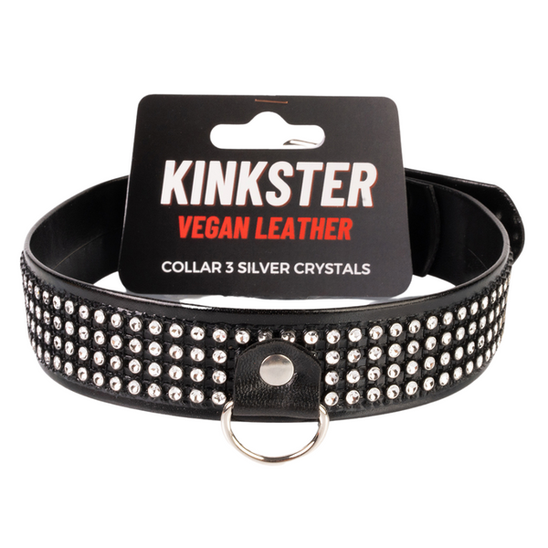 Kinkster - Veganistisch leer - Handgemaakt - Halsband 3 zilveren kristallen