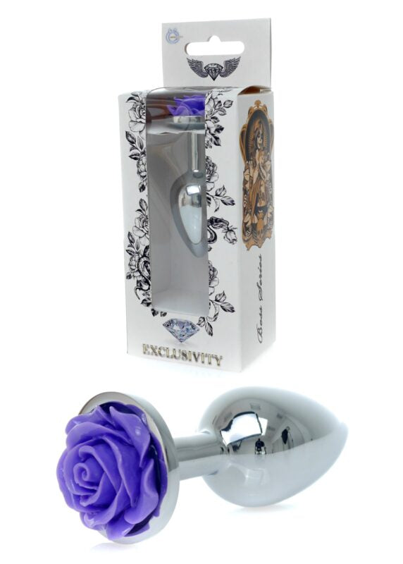 Zilveren buttplug met roos - Paars