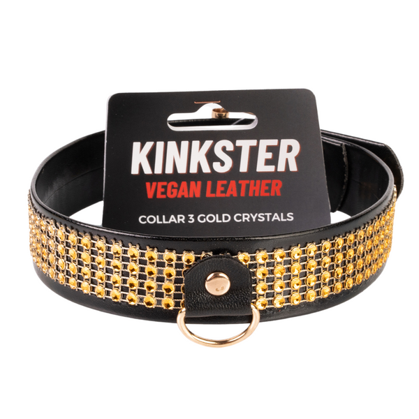 Kinkster - Veganistisch leer - Handgemaakt - Halsband 3 gouden kristallen