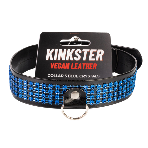 Kinkster - Veganistisch leer - Handgemaakt - Halsband 3 blauwe kristallen