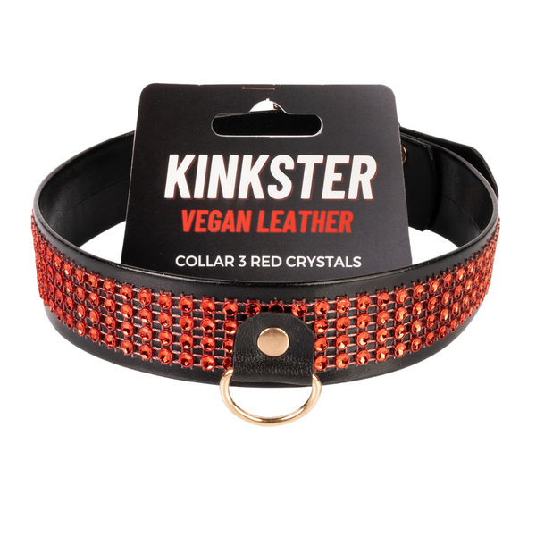 Kinkster - Veganistisch leer - Handgemaakt - Halsband met 3 rode kristallen